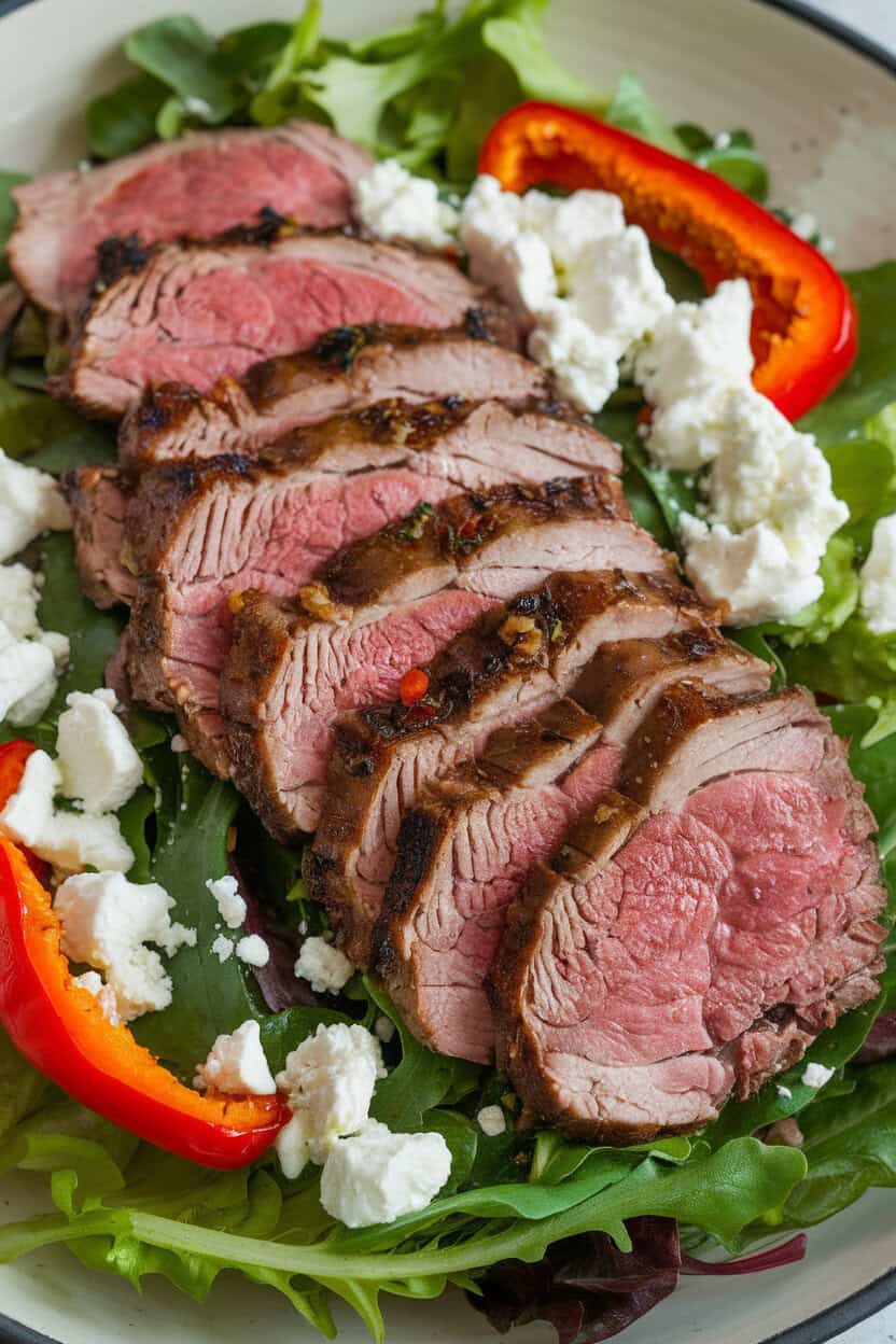 Photo of sliced grilled lamb neck fillet atop mixed greens with feta and roasted peppers, indoor plate, no text or logos.