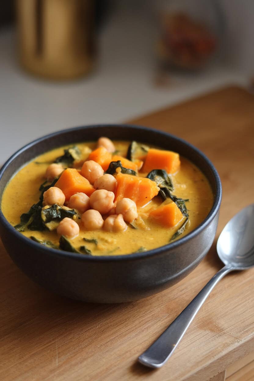 Indoor photo of a deep bowl of chunky butternut squash stew with chickpeas and spinach in a golden curry broth; spoon resting beside, no text or logos.