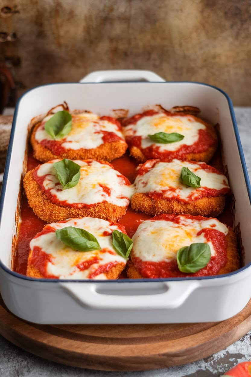An indoor kitchen counter featuring breaded chicken cutlets topped with melted mozzarella and marinara sauce in a white baking dish; basil leaves scattered on top; no text or logos; photo
