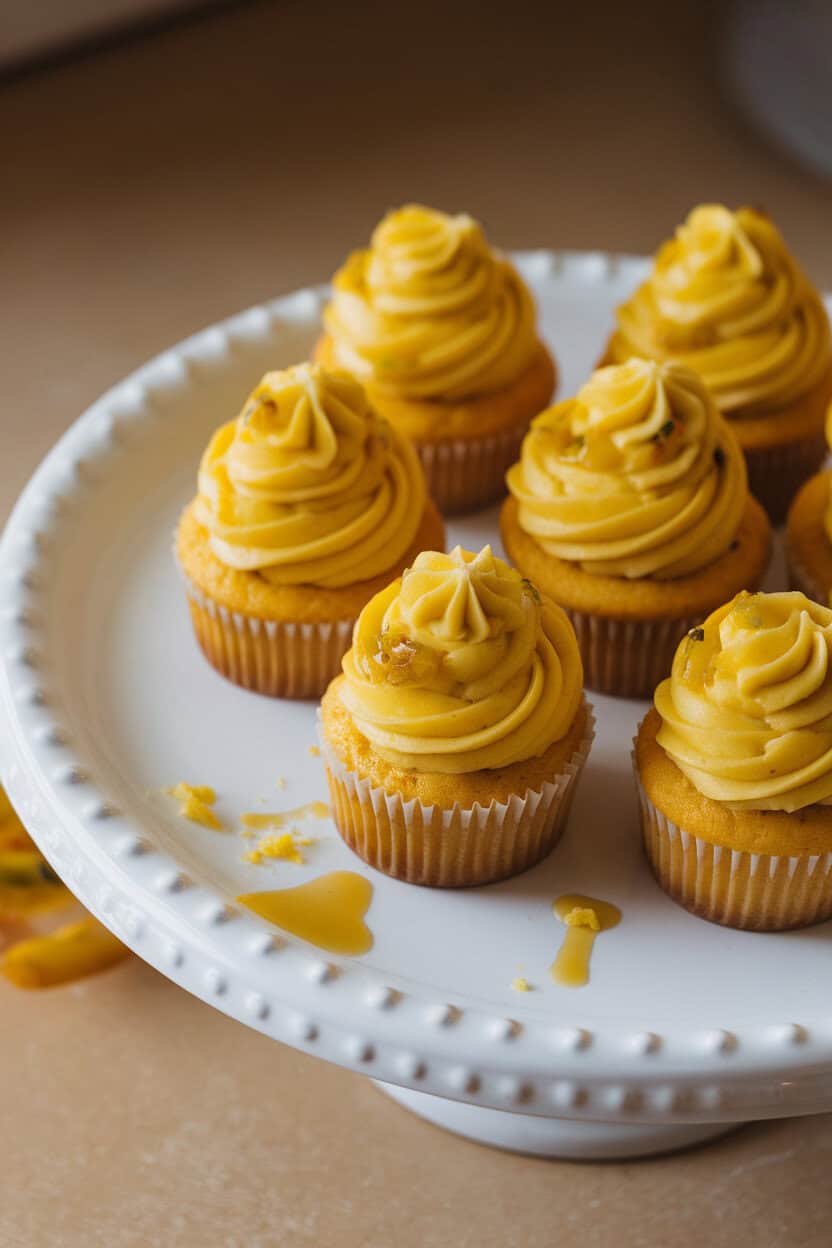 Indoor photo of bright yellow mango cupcakes with passionfruit buttercream and a drizzle of passionfruit pulp, presented on a glossy white plate. No text or logos present.