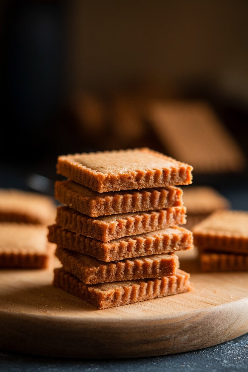 Soft indoor lighting on a small stack of square brown sugar shortbreads, visible caramel tones, no text or logos.