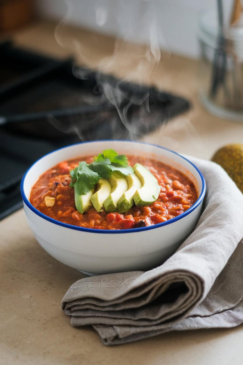 A steaming bowl of vegetarian chili topped with sliced avocado and cilantro, set on an indoor countertop beside a folded linen napkin. No text or logos; photo, not illustration.