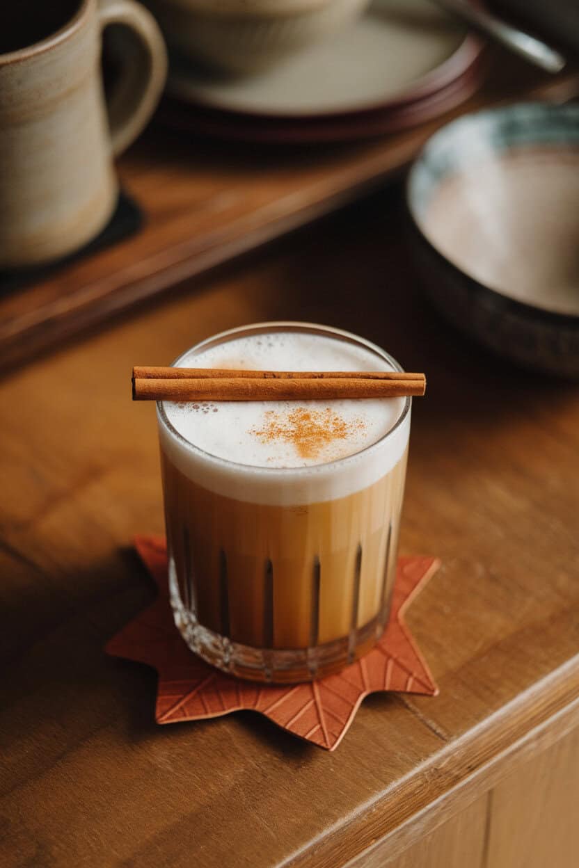 Indoor shot of an old-fashioned glass with a frothy top, cinnamon stick laid across, maple leaf coaster underneath. No branding.