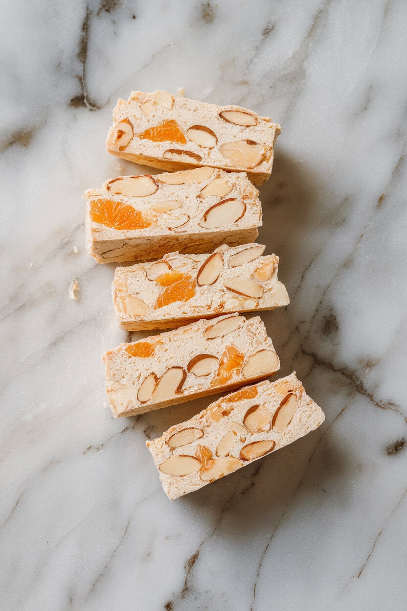 Slices of white nougat packed with toasted almonds and candied citrus peel, arranged on an indoor marble slab. No text or logos. Photo, not illustration.