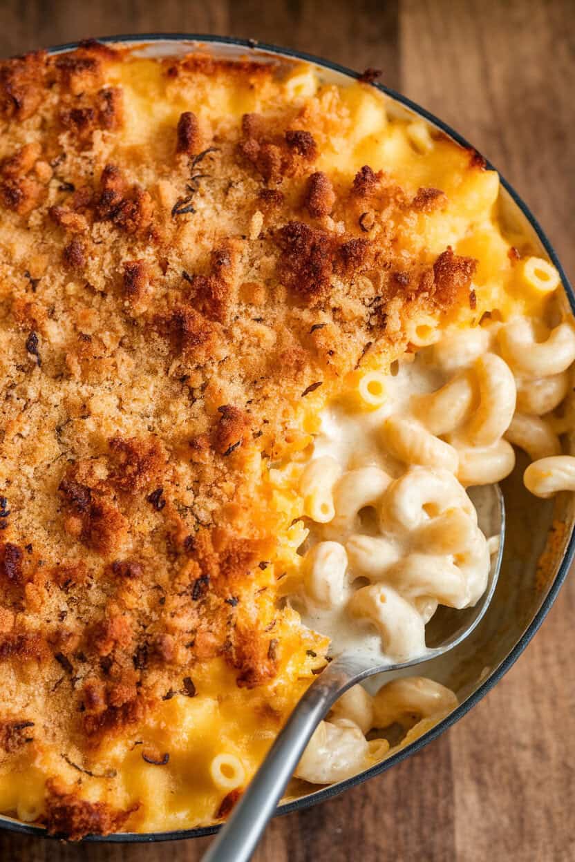 An indoor casserole dish of creamy macaroni and cheese topped with a browned breadcrumb crust, a serving spoon revealing silky noodles underneath. No text or logos. Photo only.