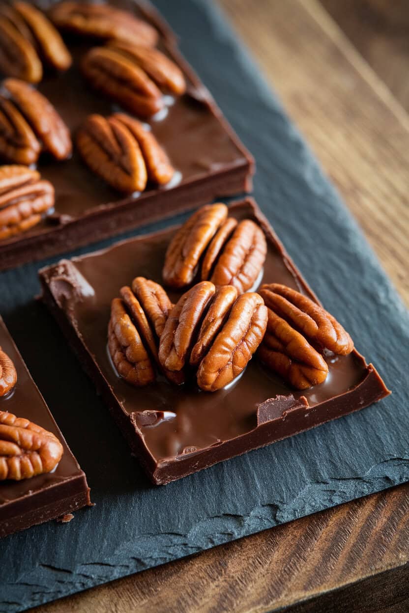 Indoor shot of dark-chocolate toffee topped with glossy bourbon-candied pecans, served on a slate board. No text or logos.