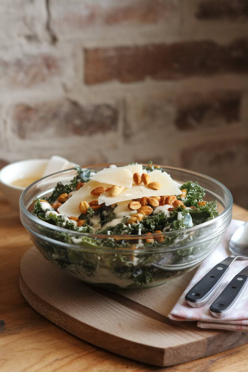 Photo of a salad bowl indoors containing massaged kale, shaved Parmesan, and toasted pepitas drizzled with creamy dressing, no text or logos.