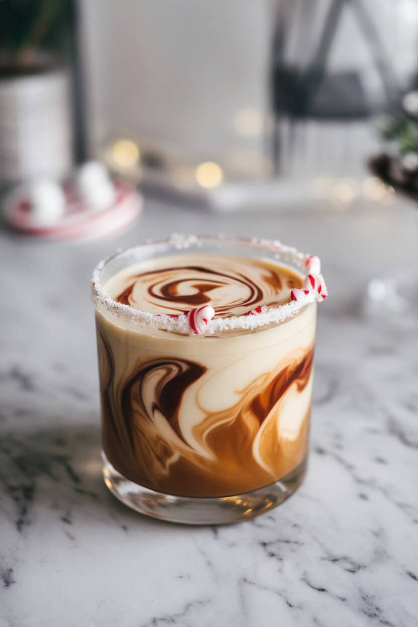 Photo of a rocks glass indoors on marble, filled with swirled coffee liqueur, vodka, and cream, topped with crushed candy cane pieces around the rim. No text or logos.