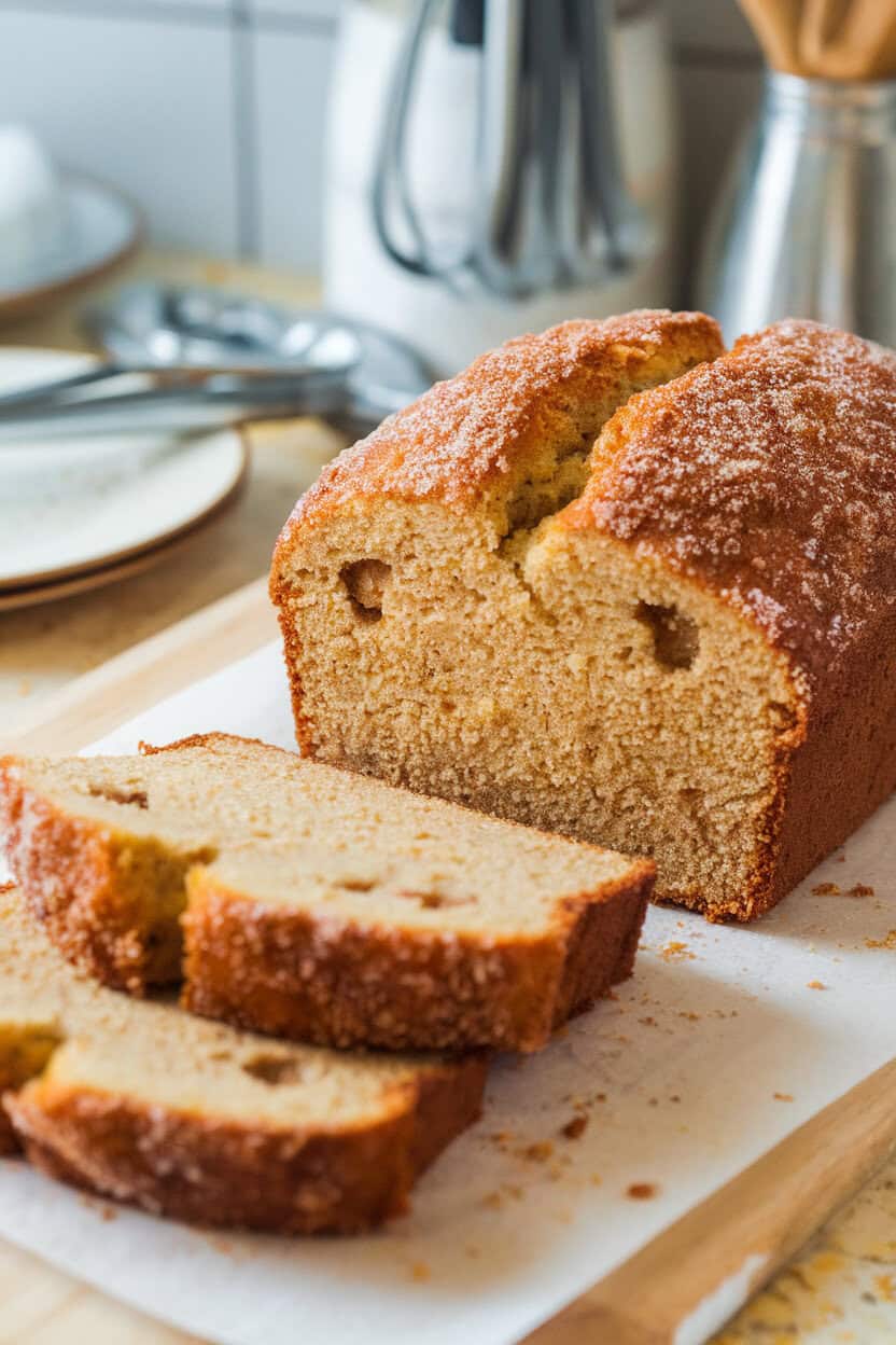 An indoor breakfast counter featuring a loaf of apple cider doughnut bread sliced to reveal moist crumb, cinnamon-sugar coating glistening. No text or logos.