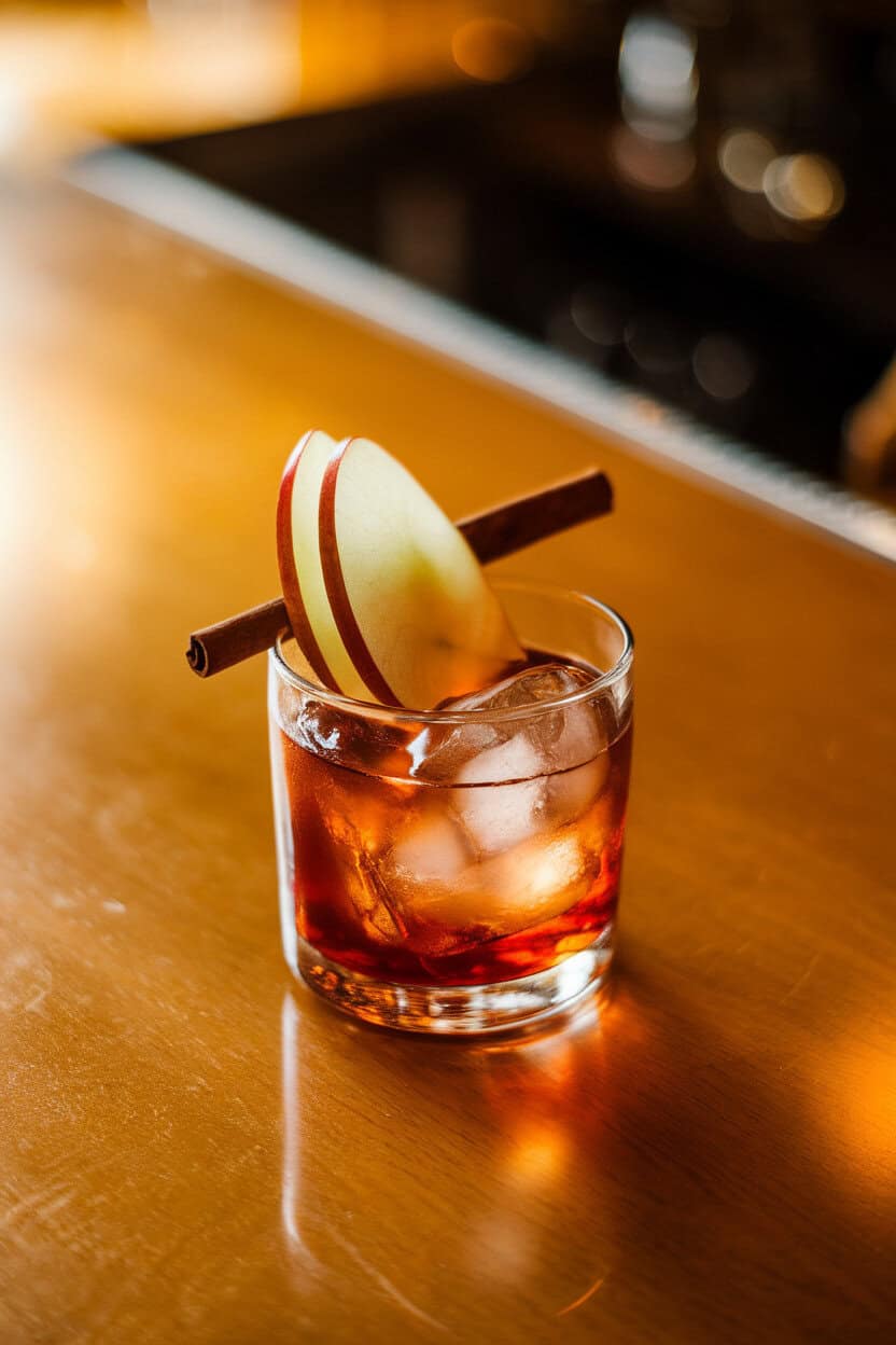 A warmly lit indoor bar top with a short rocks glass holding a rich amber drink over a large ice cube, garnished with a thin apple wheel and cinnamon stick. Soft reflections on a wooden surface, no text or logos anywhere in the scene. Photo, not illustration.