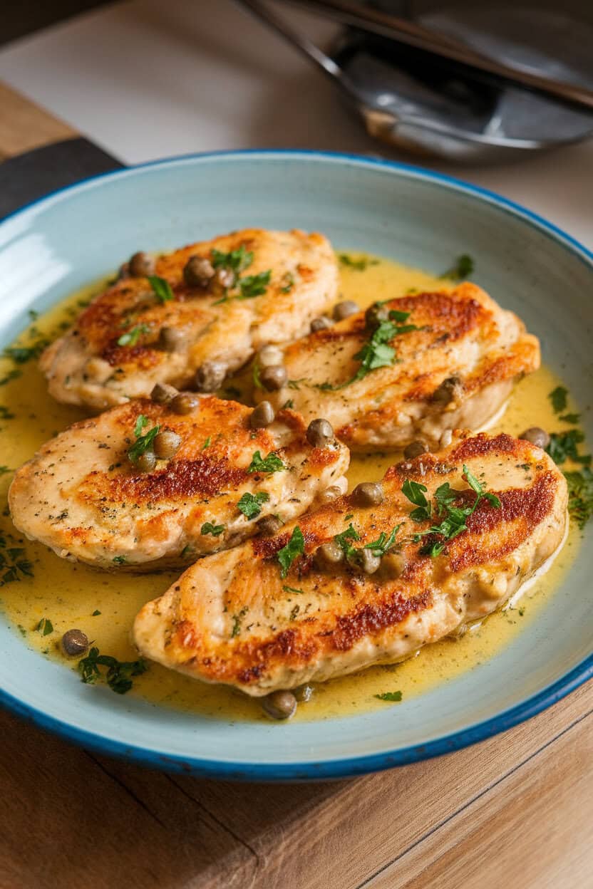 A shallow plate indoors with chicken piccata cutlets bathed in lemon-capers butter sauce, parsley scattered lightly; no text or logos; photo