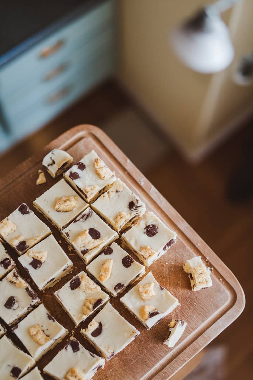 Photo prompt: Indoor cutting board with square pieces of white chocolate fudge dotted with cookie chunks, overhead, no text or logos.