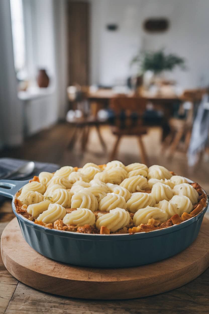 Casserole dish of turkey shepherd’s pie topped with swirled mashed potatoes, golden peaks catching the light in an indoor dining room, no text or logos.