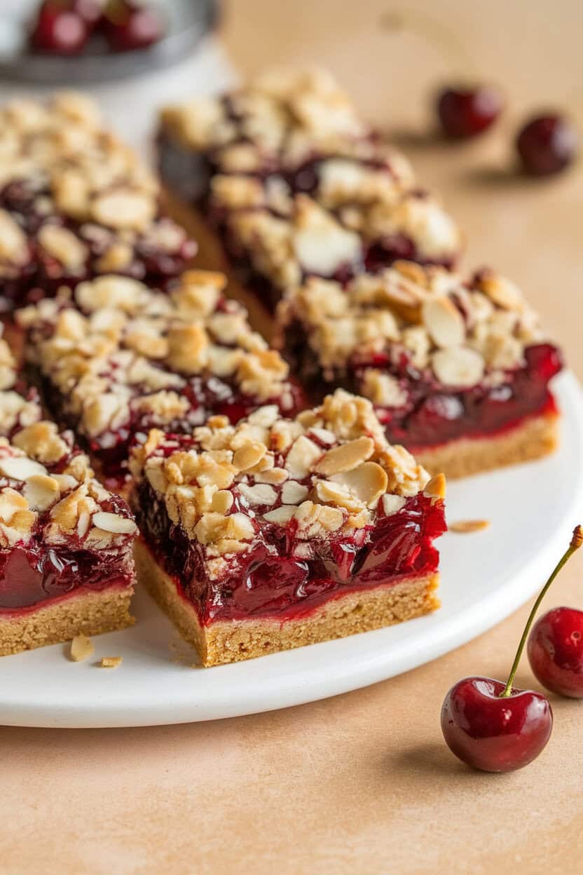 An indoor photo of square cherry almond cookie bars, glossy cherry filling peeking beneath a crumbly topping, arranged on a platter. No logos or text.