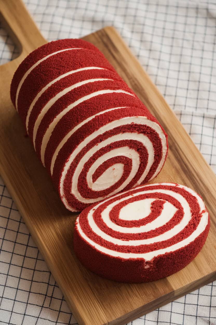 Photo prompt: Indoor cutting board with a spiraled red velvet roll cake filled with cream cheese frosting, sliced to show swirl pattern, no text or logos.