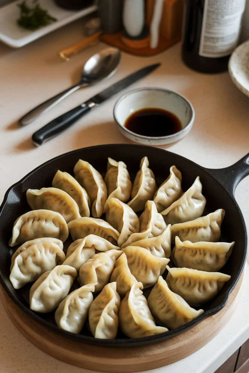 An indoor kitchen counter with a skillet of golden-brown gyoza arranged in a circular pattern, a small bowl of soy-vinegar dipping sauce beside it. No text or logos. Photo, not illustration.
