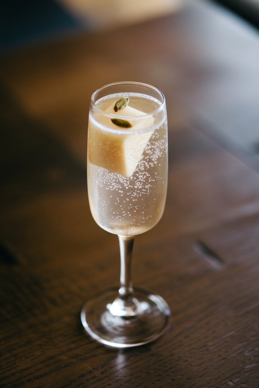 Indoor flute glass with sparkling pale drink, tiny pear cube and candied cardamom seed floating. No text or logos.