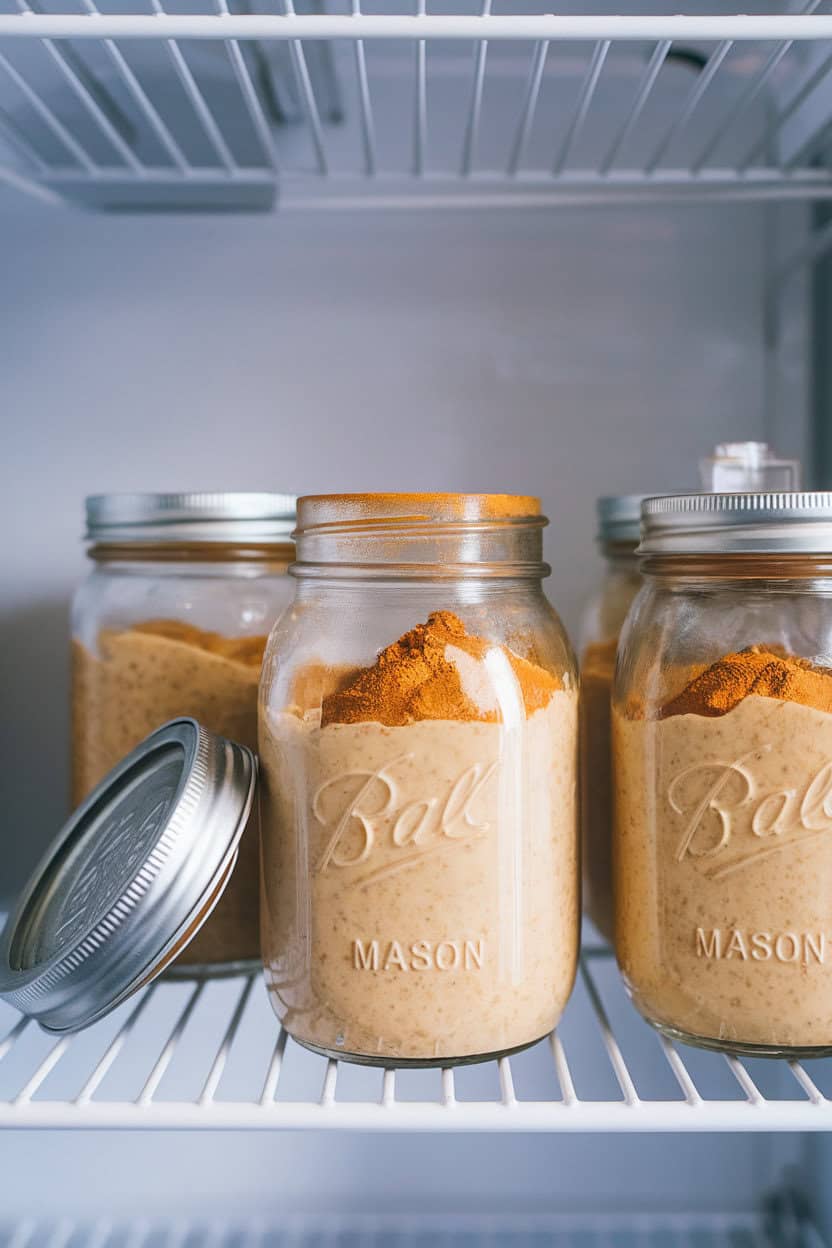 An indoor refrigerator shelf with mason jars of pumpkin spice overnight oats topped with a sprinkle of cinnamon, lids off. No logos visible. Photo, not illustration.