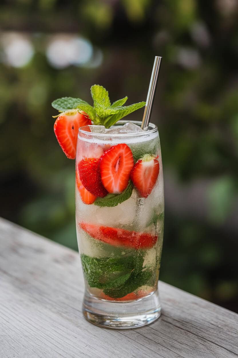 Tall glass indoors filled with sliced strawberries, mint leaves, Champagne-topped mojito, and a metal straw. No logos or text.