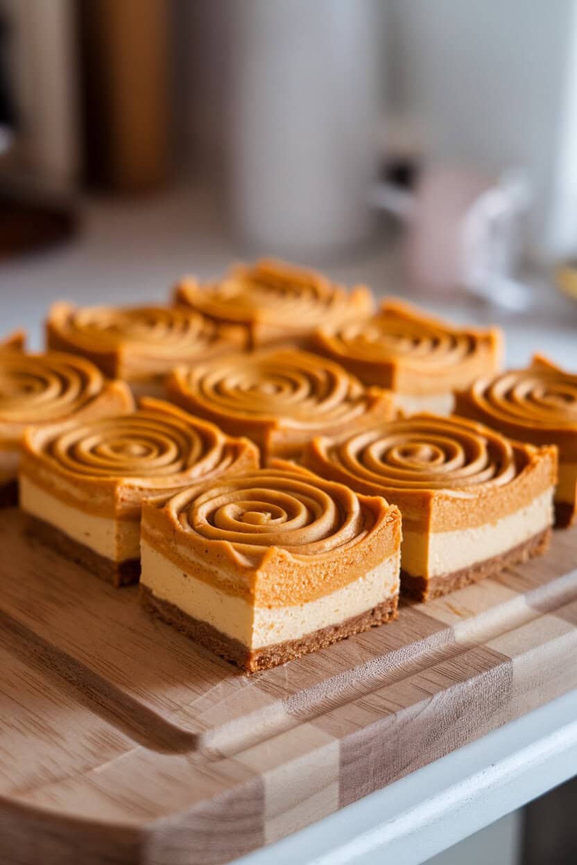An indoor cutting board with pumpkin cheesecake bars, swirled tops and neat squares arranged in rows. No text or logos.