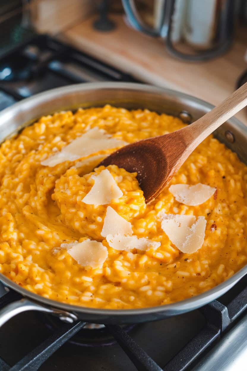 An indoor stovetop with a shallow pan of creamy pumpkin risotto, a wooden spoon swirling through, parmesan shavings visible; no text or logos. Photo.