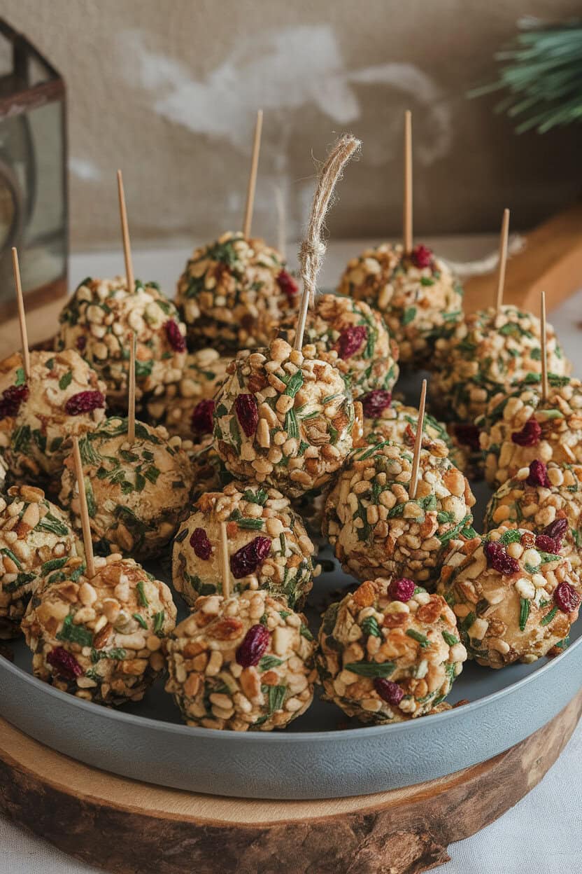 An indoor holiday platter photo of bite-size cheese balls coated with chopped nuts, herbs, and dried cranberries, arranged like colorful ornaments. No text or logos.
