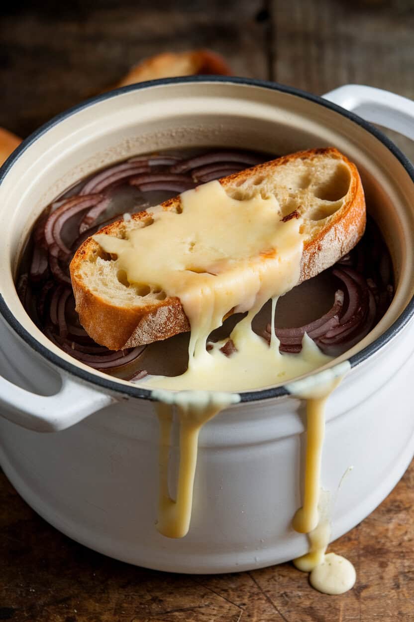 An indoor soup crock filled with dark onion soup, a toasted baguette slice floating on top, covered in melted Brie stretching down the sides. No text or logos. Photo only.