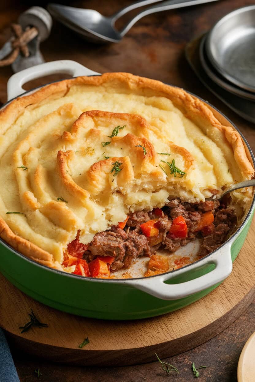 Indoor image of a casserole dish of shepherd’s pie, a scoop removed to reveal beef and vegetables beneath the mashed potato crust. No logos or text. Photo, not illustration.