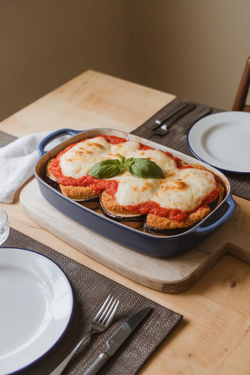 Indoor dining table with a casserole dish of breaded, baked eggplant slices layered with marinara and bubbling mozzarella on top. No text or logos present.