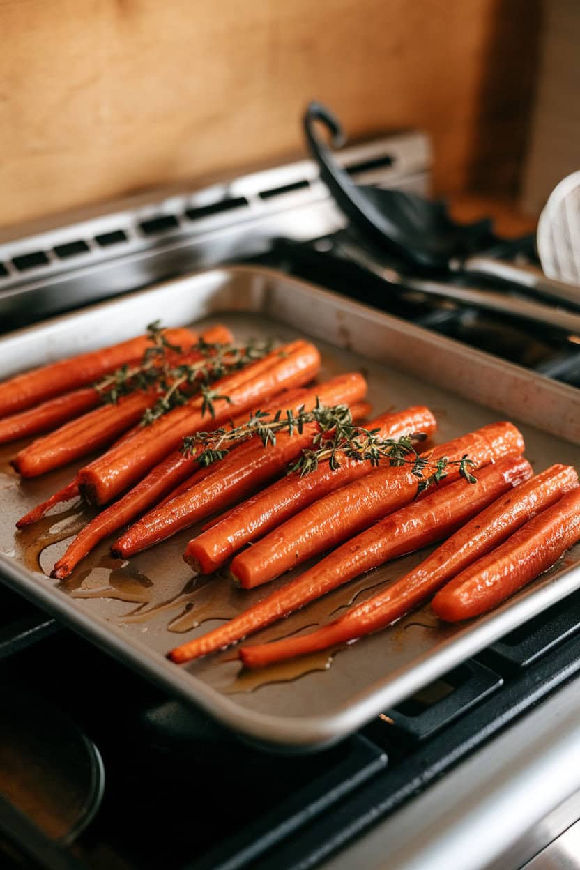 A sheet pan placed on an indoor stovetop holding glistening roasted carrot sticks drizzled with honey, garnished with fresh thyme sprigs. Warm, soft lighting, no text or logos. Photo.</Prompt