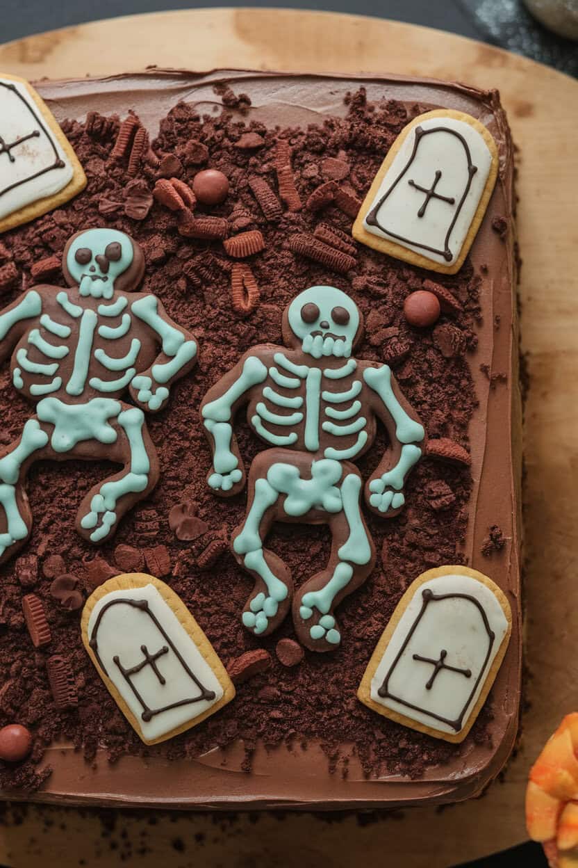 Photo, not illustration. Large indoor sheet cake frosted in chocolate with cookie crumb soil, cookie tombstones, and candy skeleton pieces scattered across. No text or logos present.