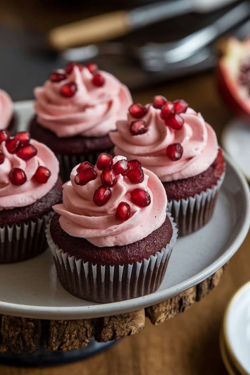 Indoor photo of dark chocolate cupcakes with pink pomegranate buttercream and fresh pomegranate arils sparkling on top, on a ceramic plate. No logos or text present.