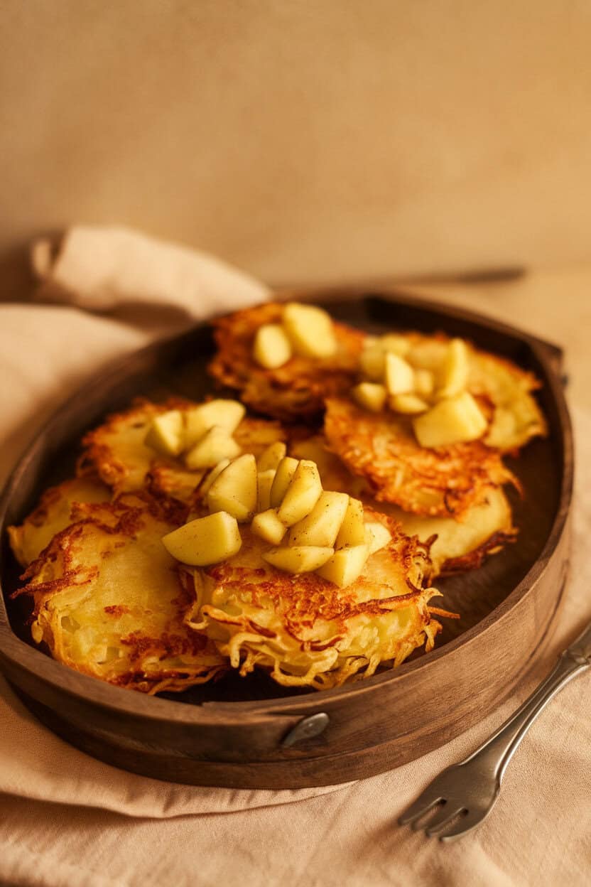 Indoor serving tray lined with small golden potato pancakes topped with chunky apple chutney—warm lighting, no text or logos.