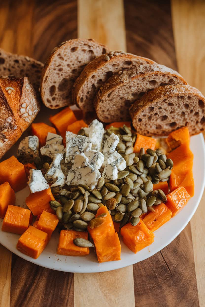 Warm indoor photo of roasted butternut squash cubes, crumbled blue cheese, toasted pumpkin seeds, and multigrain baguette rounds on a platter. No text or logos.