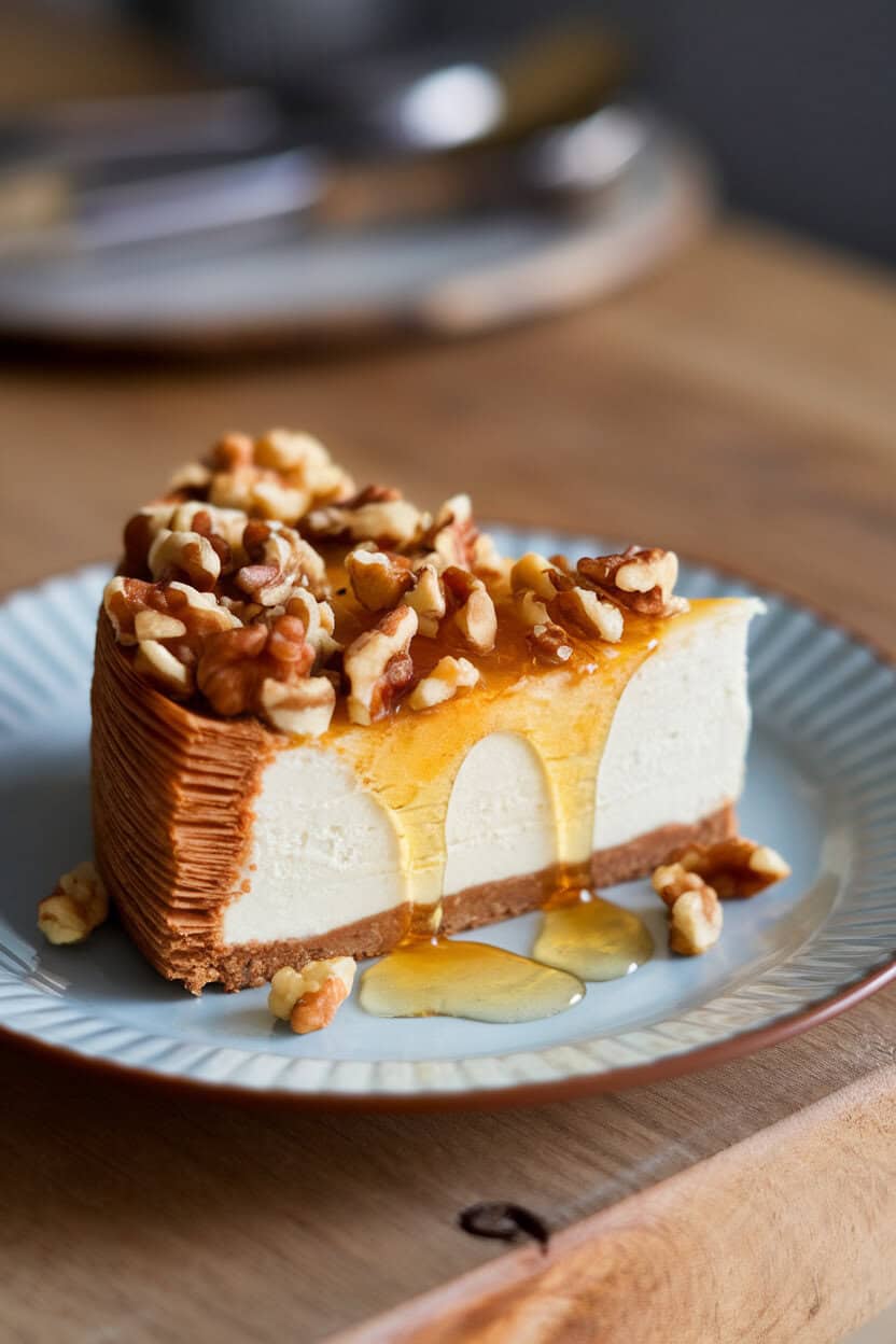 Indoor dessert plate with a slice of cheesecake topped with chopped walnuts and a drizzle of golden honey, phyllo crust layers visible along the sides. Photo; no text or logos.
