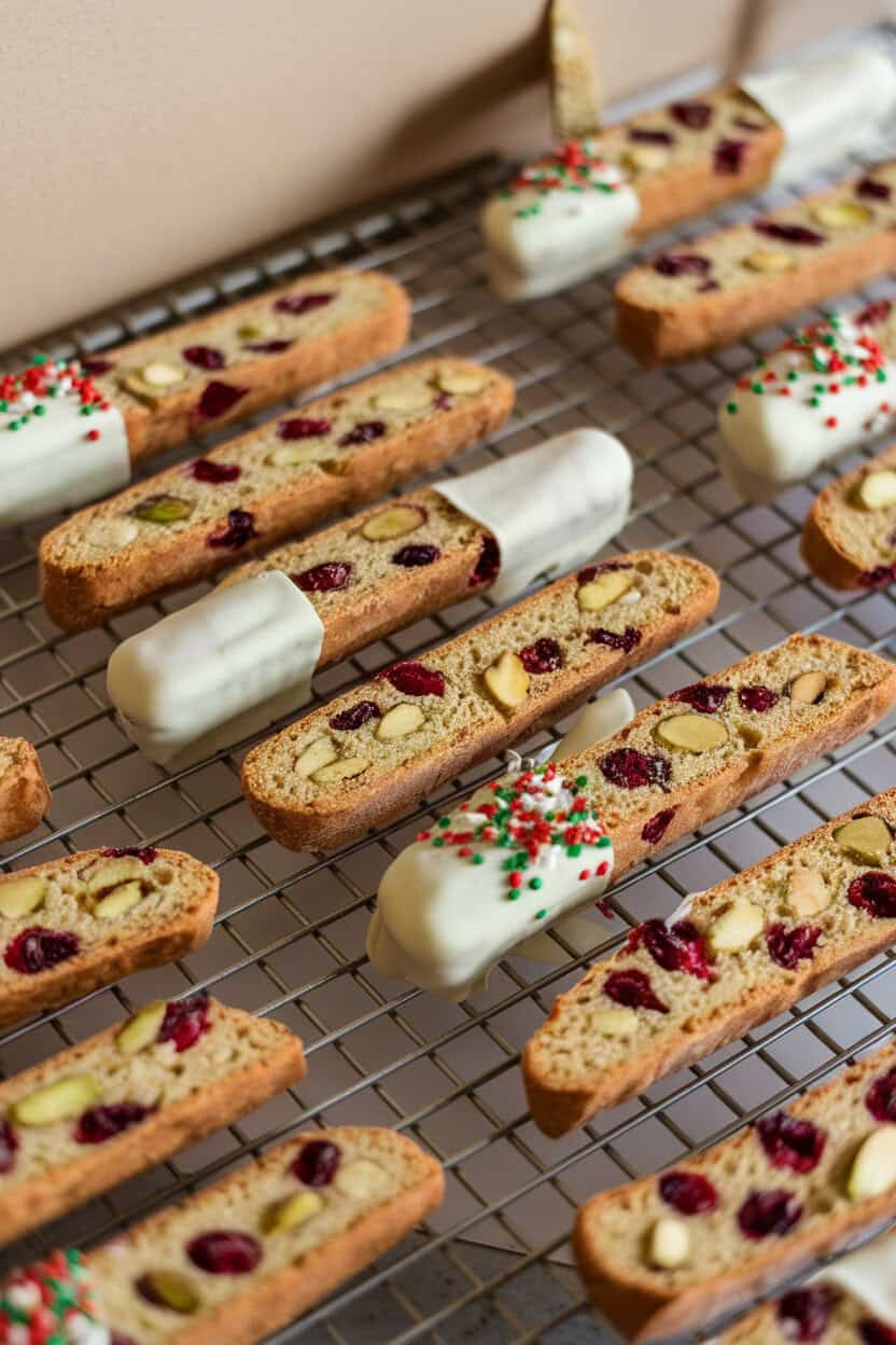 Indoor scene showing a wire rack with long cranberry pistachio biscotti sticks, some dipped in white chocolate, festive red and green flecks visible. No text or logos. Photo, not illustration.