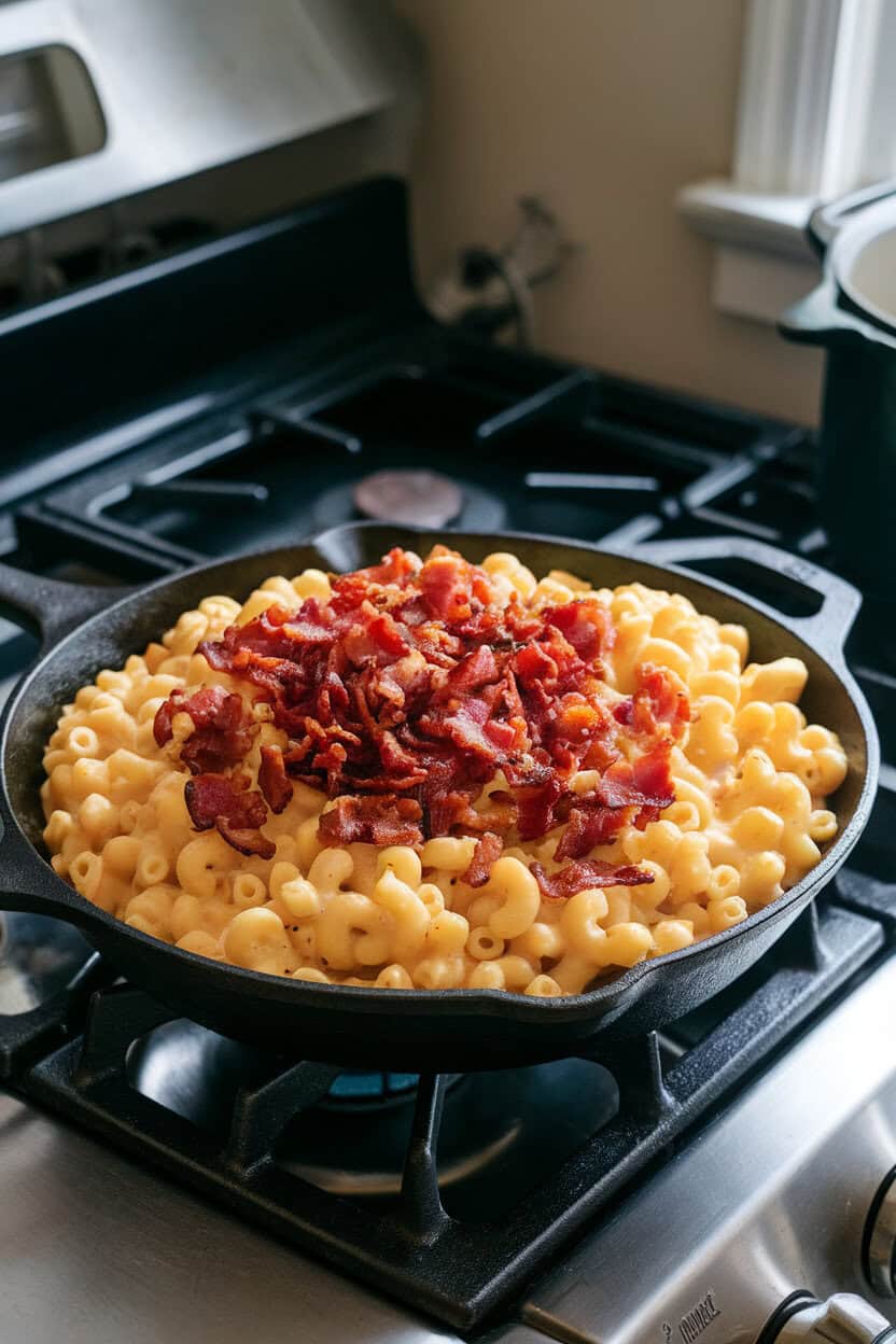 Indoor stovetop view of a cast-iron skillet filled with creamy mac and cheese topped with crispy bacon bits. Photo only, no text or logos.