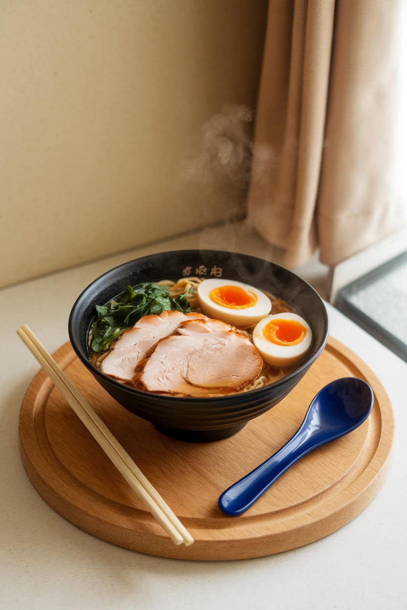 Steaming bowl of ramen with sliced turkey breast, soft-boiled egg, and greens, indoor countertop scene, no text or logos.