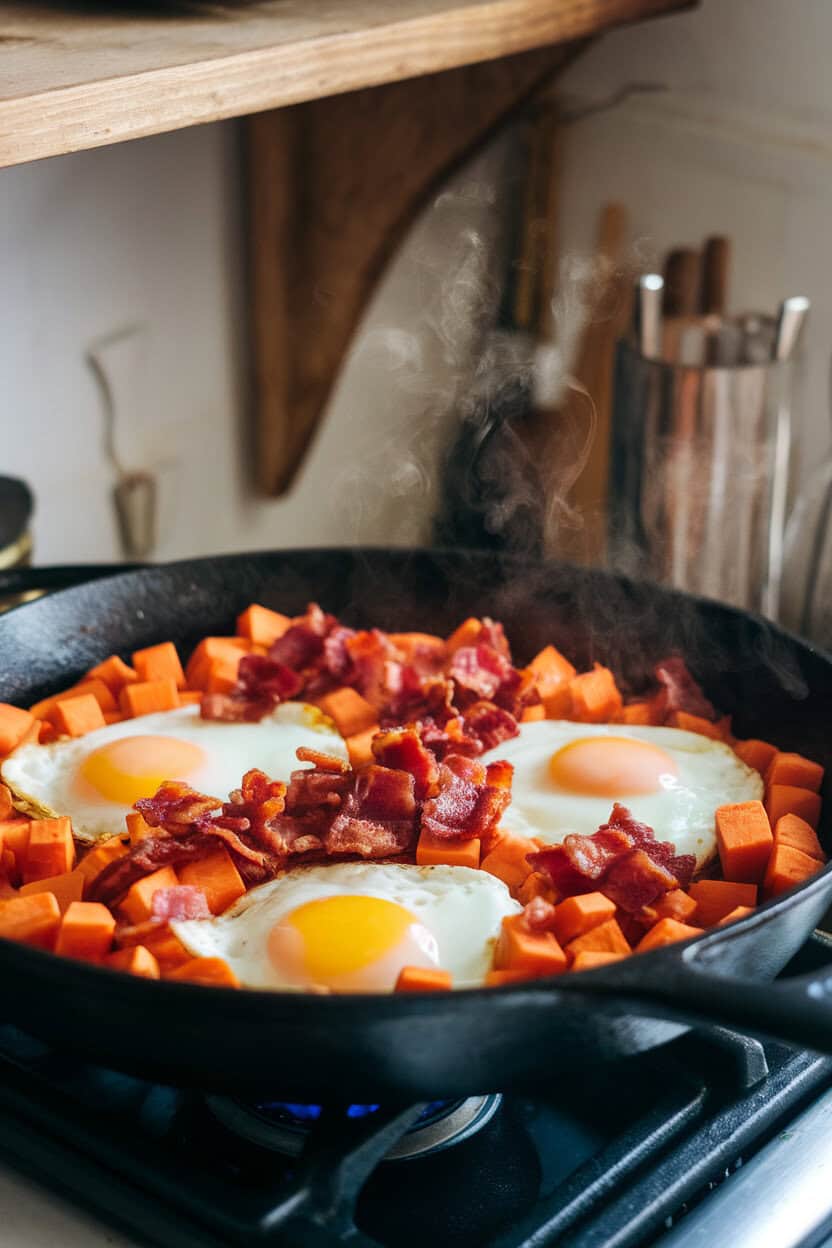 Photo of a cast-iron skillet on a stovetop filled with diced sweet potatoes, crisp bacon bits, and sunny-side-up eggs, steam rising. No text or logos.