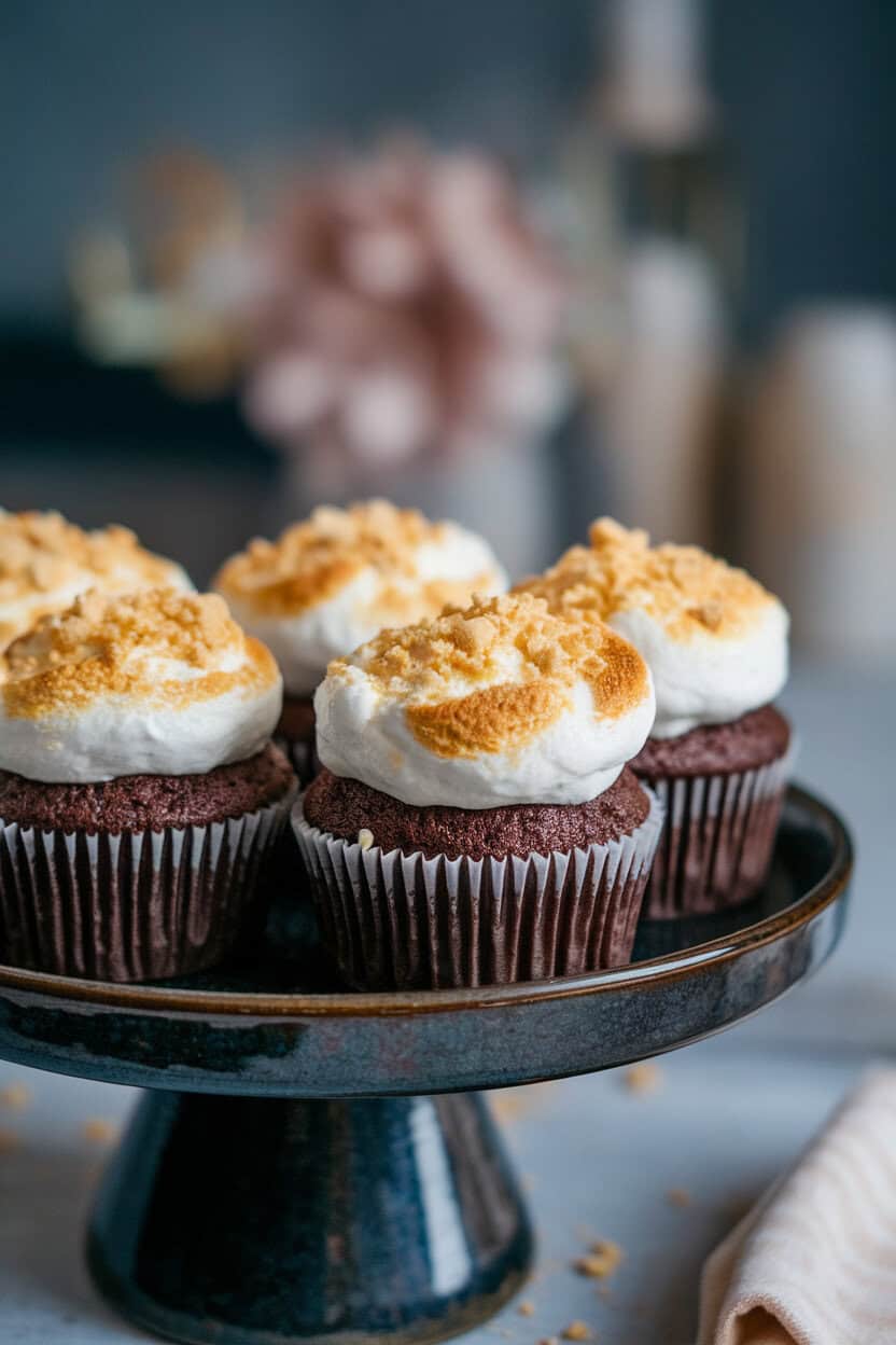 Indoor photo of chocolate cupcakes with toasted marshmallow frosting and crushed graham cracker topping, placed on a dark ceramic plate. No logos or text present.