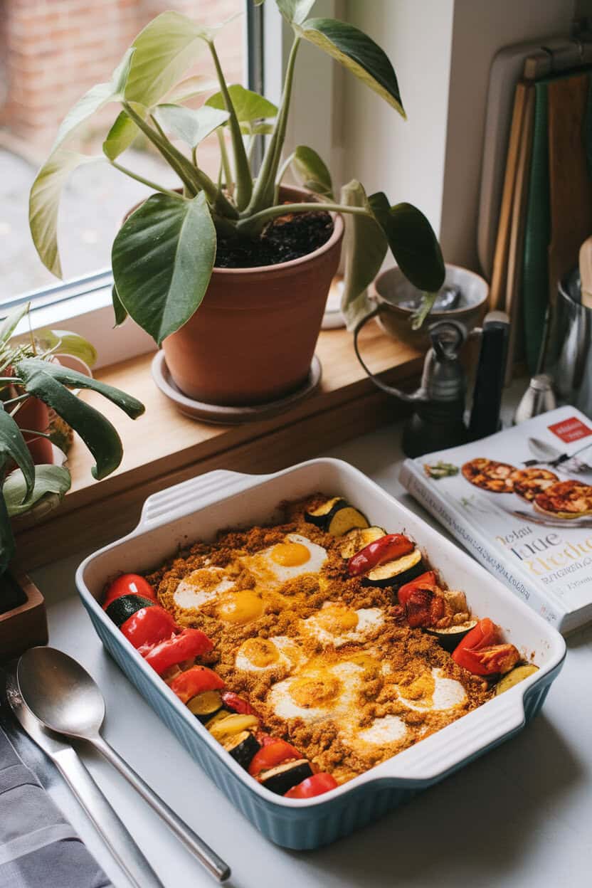 Indoor plant-based kitchen counter featuring a casserole filled with roasted bell peppers, zucchini, and crumbled tofu seasoned to resemble eggs, turmeric-yellow hue on top. No text or logos. Photograph.