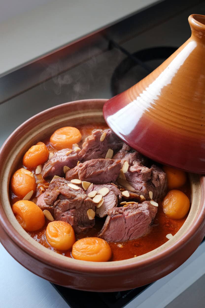 Photo of a ceramic tagine base filled with cooked lamb, apricots, and almonds in a spiced sauce on an indoor countertop; steam visible, no text or logos.