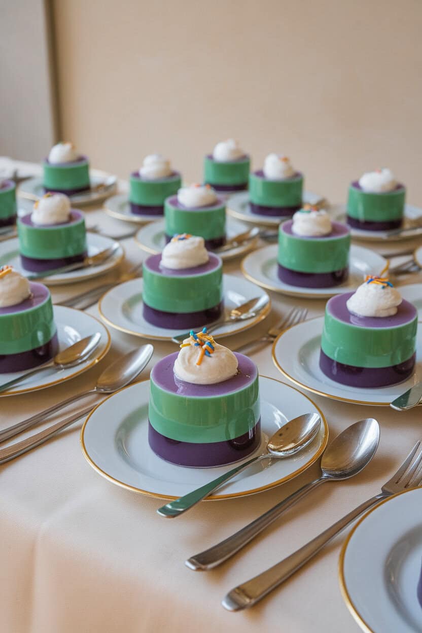 Photo, not illustration. Indoor table with layered green and purple gelatin cups topped with whipped cream and candy sprinkles. No text or logos visible.