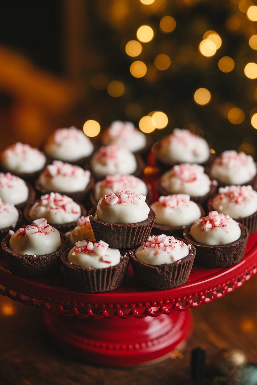 A warmly lit indoor photo of mini brownie cups crowned with white chocolate ganache and a sprinkle of crushed peppermint, arranged on a red platter. No logos or text.