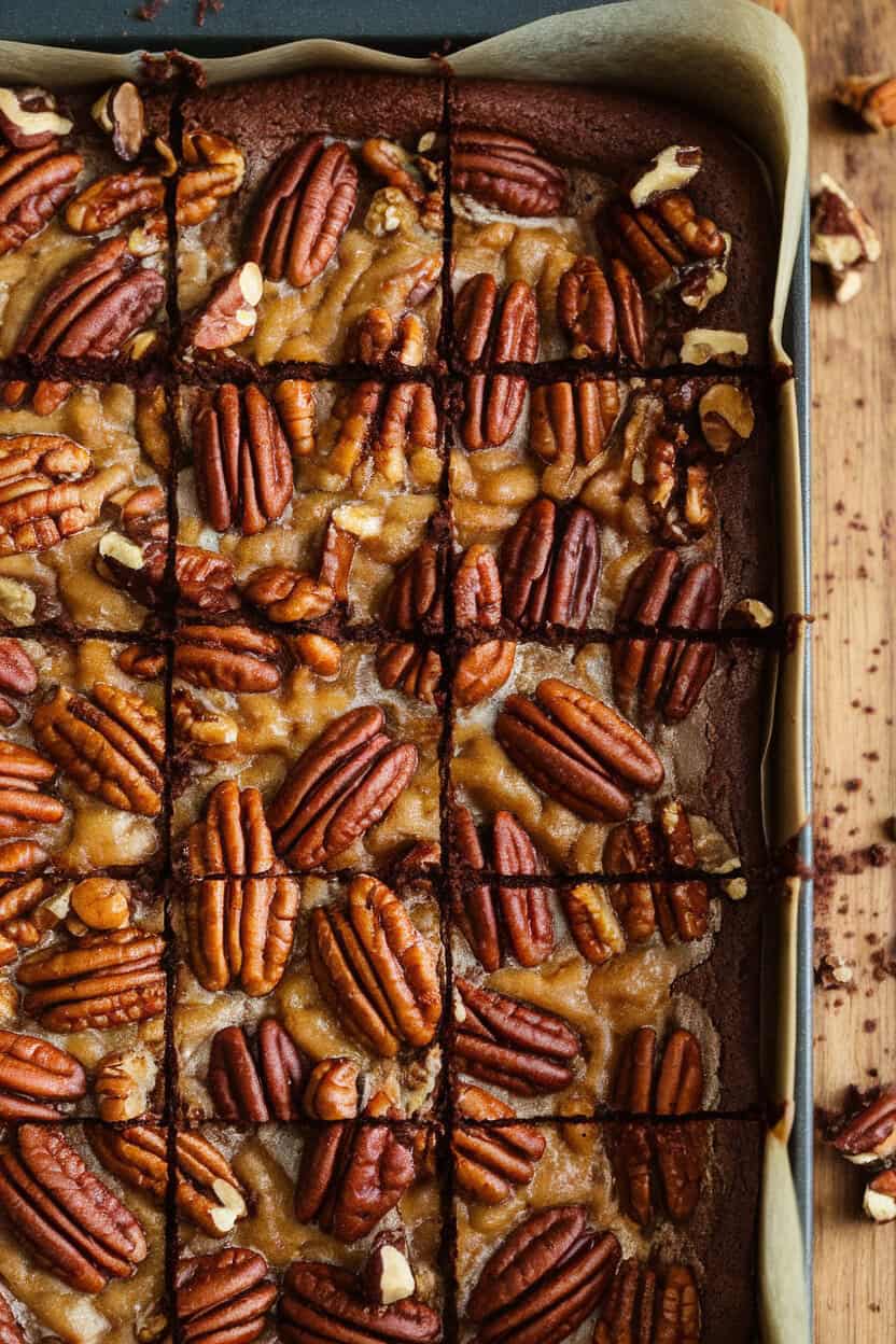 An indoor brownie pan cut into squares showing rich brownie base topped with pecan pie layer. No text or logos.