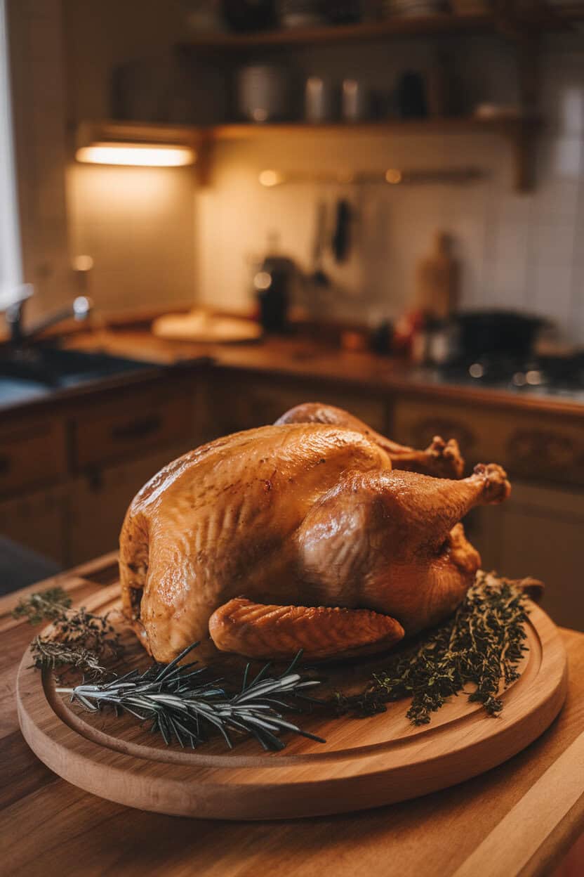 Indoor kitchen setting with a golden whole roasted turkey resting on a wooden carving board, fresh rosemary and thyme sprigs scattered around, warm overhead lighting, no text or logos visible.