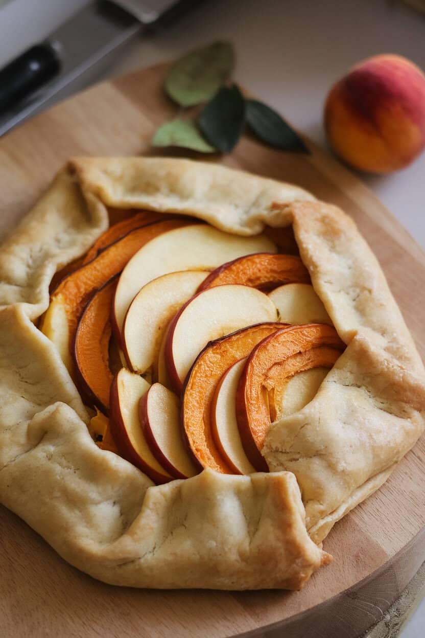 Indoor photo of a rustic free-form galette showing overlapping slices of squash and apple on flaky pastry, edges folded casually; no text or logos.