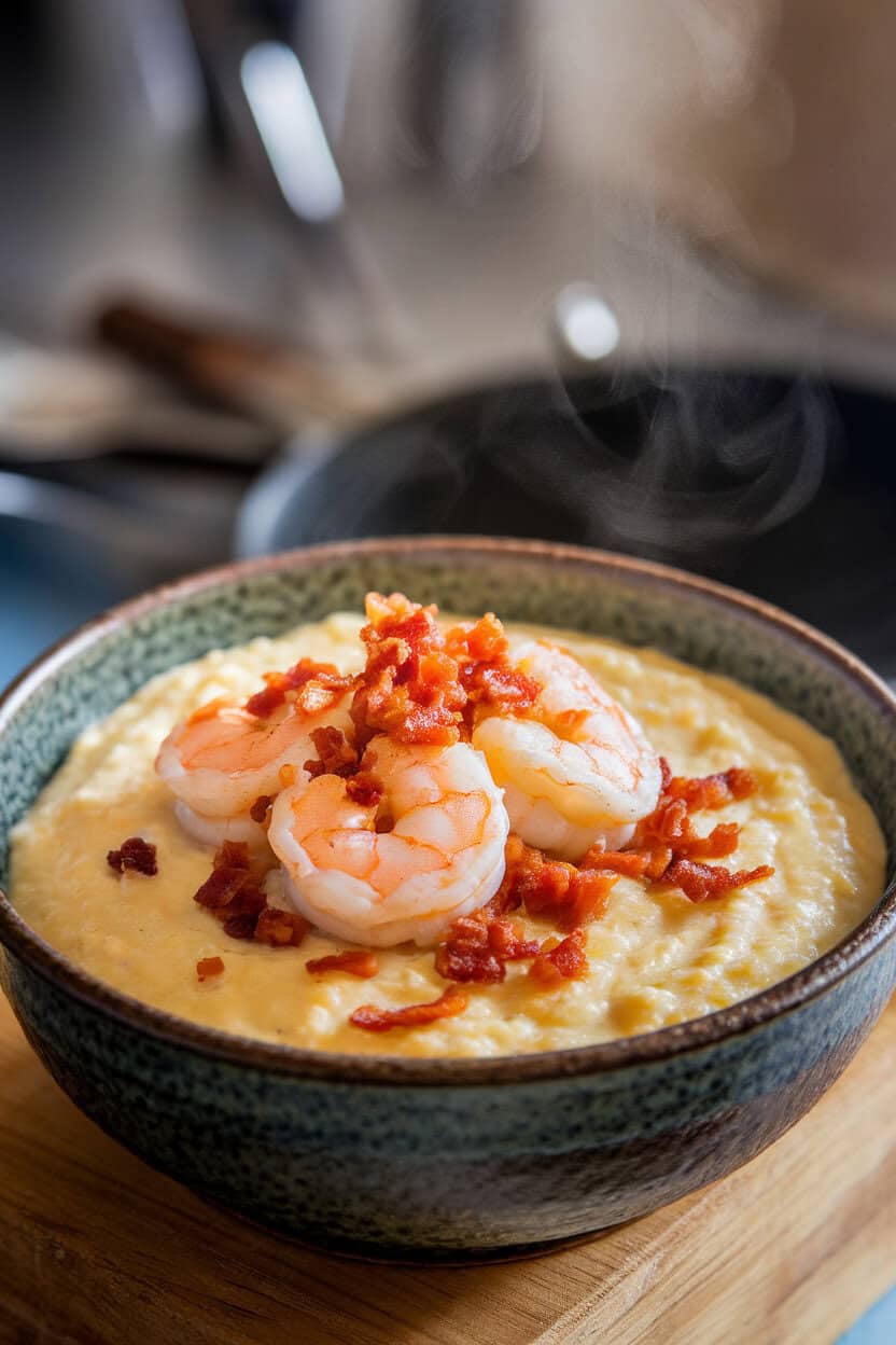 Indoor bowl of creamy cheese grits topped with sautéed shrimp and bacon bits, steam rising. No text or logos. Photo, not illustration.
