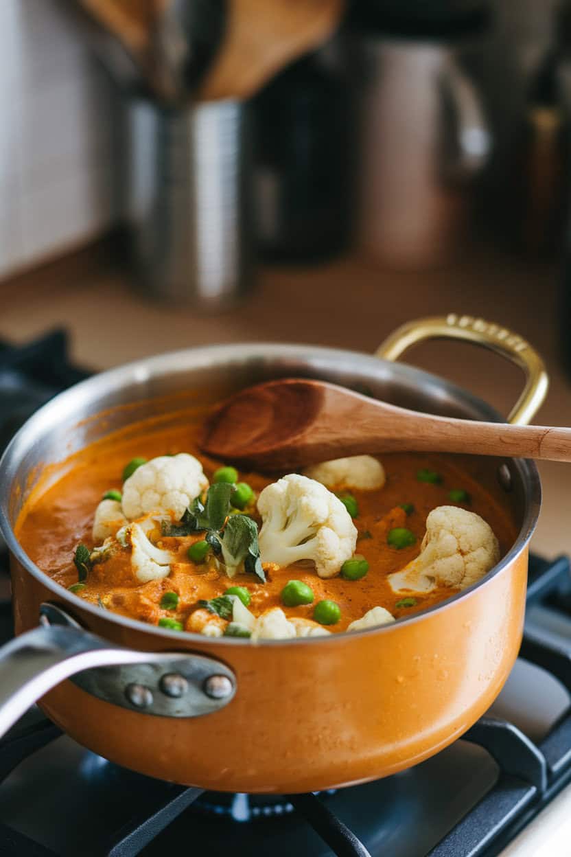 An indoor stovetop shot of a saucepan filled with golden coconut curry featuring cauliflower florets and peas, a wooden spoon resting inside. Photo only, no text or logos.