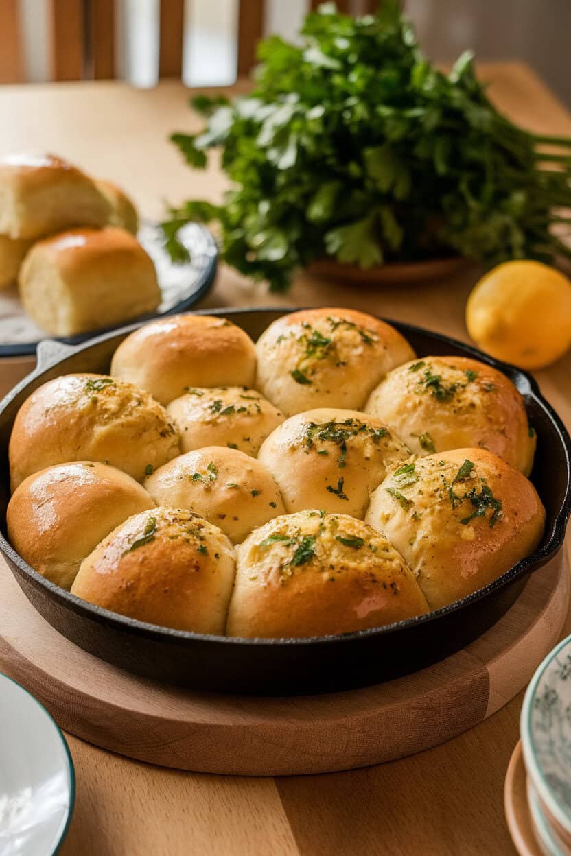 An indoor dining table displaying a round skillet filled with golden pull-apart rolls glistening with garlic butter and flecks of parsley; no text or logos. Photo.